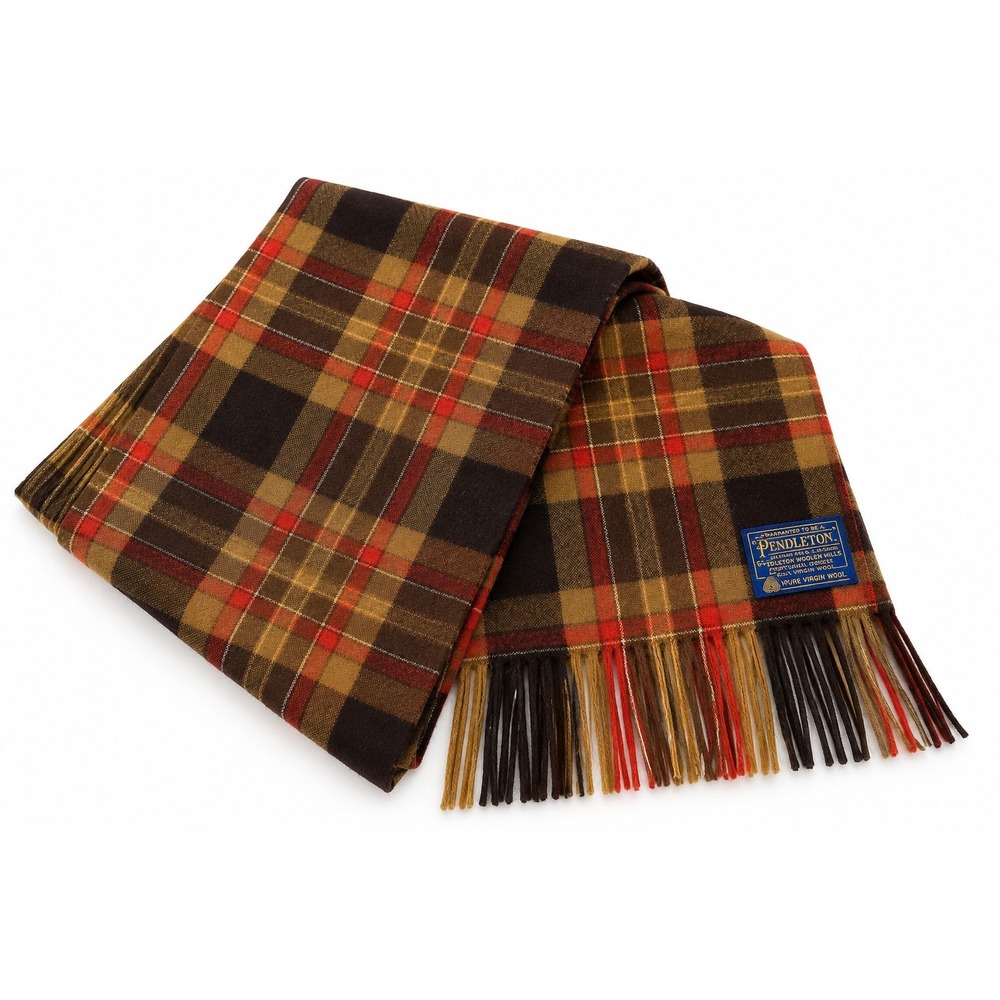Pendleton 100% Pure Virgin Wool Scarf Brown Rust Plaid Fringe Vintage USA